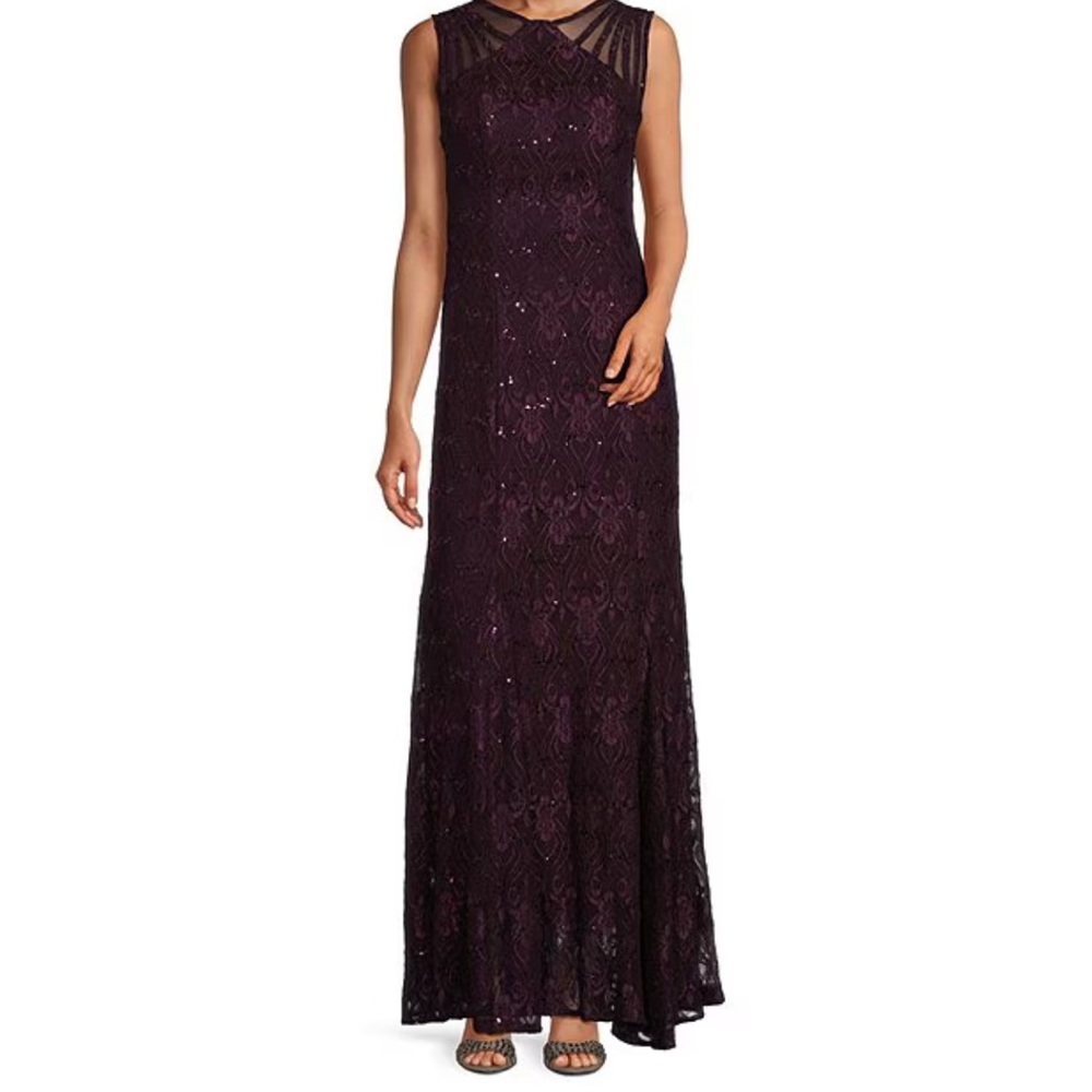 R & M Richards.Plum 12 Illusion Shoulder High V-Neck Sleeveless Lace Sheath Gown